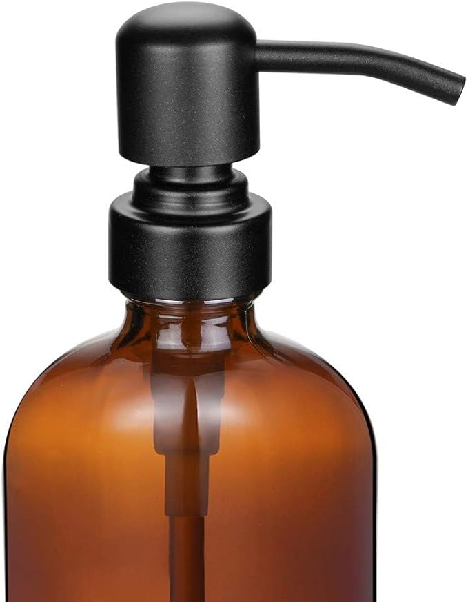 2 Pack Thick Amber Glass Pint Jar Soap Dispenser with Silver Stainless Steel Pump, 16ounce Boston Round Bottles Dispenser with Rustproof Pump for Essential Oil, Lotion Soap