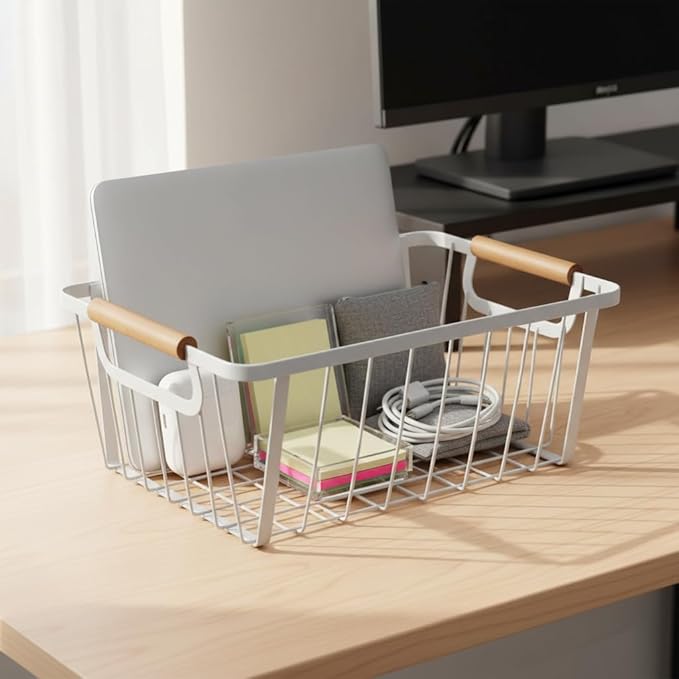 LeleCAT White wire baskets for organizing with Wooden Handle ,Metal Wire Storage Baskets Country Vintage Style Snack Baskets. pantry organizers and storage，Kitchen,Bedroom,Bathroom,White,Set of 2
