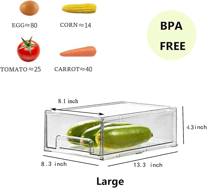 MANO 2Pack Clear Fridge Drawers Pull Out Stackable Refrigerator Drawer Organizer Bins Pantry Storage Box Plastic Food Containers for Kitchen Bathroom Office Closet (2pack Large)