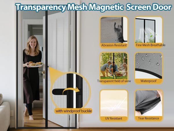 Magnetic Screen Door Mesh - Clear View Door Screen Mesh Size 34"x81" Fit Door 32 x 80 Inch,Heavy Duty Screen Door with Magnet Self-Closing & Windproof Hasp,Keep Bugs Out, Kid & Pet Friendly