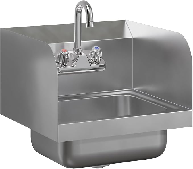 15 in. x 15 3/4 in. NSF Certified Stainless Steel Hand Sink with Side Splash Guards- Commercial Wall Mount Hand Basin with Faucet. Ideal for Restaurants, Bars, Kitchens, and Stores