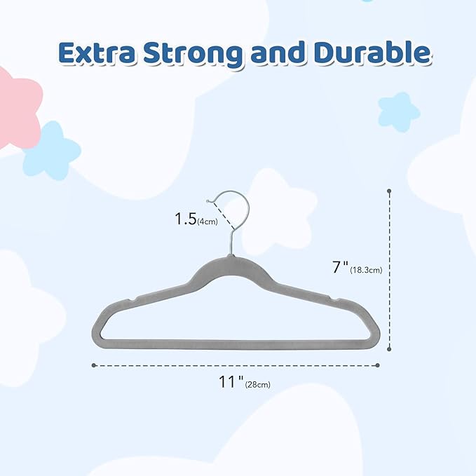 Smartor Premium 11 Inch Baby Hangers 50 Pack, Grey Kids Velvet Hanger, Non Slip, Space Saving Felt Hangers Clothes Organizers for Closet with 360° Swivel Hook for Children, Infant & Toddler