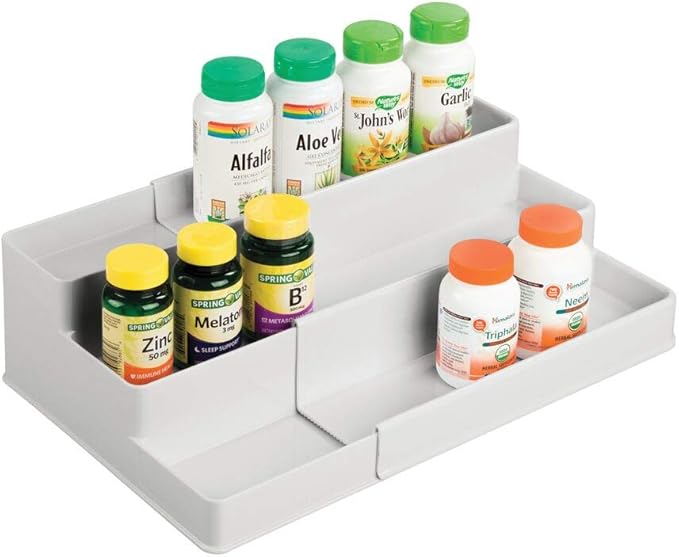 mDesign Plastic Expandable 3-Tier Shelf Rack Organizer - Storage for Bathroom Vanity, Cabinet, Cupboard, Drawer - Holds Medicine, Vitamins, Supplements, Cosmetics - Ligne Collection - Light Gray