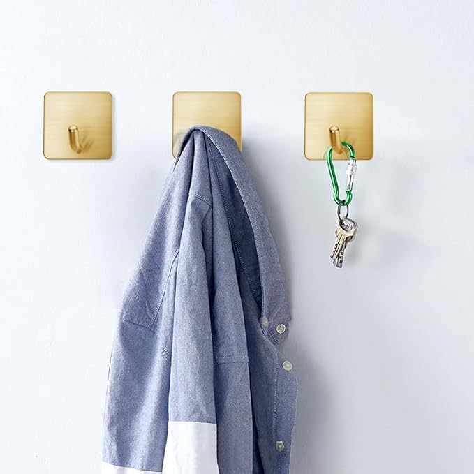 FOTYRIG Golden Stainless Steel Square Self Adhesive Hooks - Extra-Long Anti-Slip with Upgraded Adhesive, Holds 15lb Heavy Duty Wall Hooks for Kitchen, Bathroom, Garage -4 Packs
