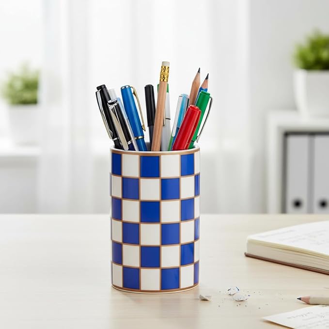 Bathroom Toothbrush Holder Set, Ceramic Checkered Soap Dispenser and Tooth Brush Holder Set, Modern Bathroom Accessories Sets Countertop, Black and White Checkered Bathroom Decor Set (Blue)