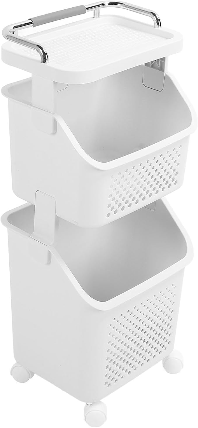 Bathroom Laundry Basket, Stackable Rolling Laundry Hamper, Clothes Storage Basket, 4 Wheels with Wheels, Storage Cart, Household Organizer for Home, Kitchen, Bathroom (2 Tier)