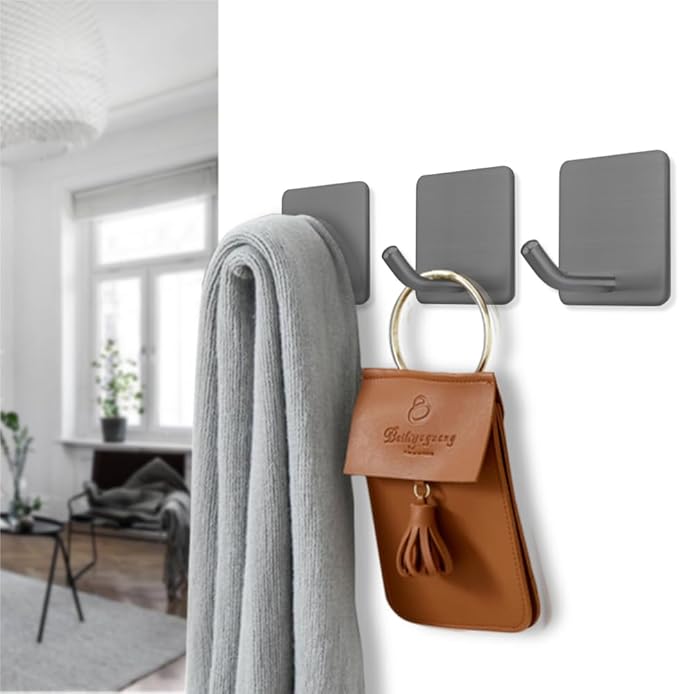 FOTYRIG Adhesive Towel Hooks Stick on Towel Hanger Wall Hooks Waterproof Stainless Steel Sticky Hooks for Hanging Bathroom Kitchen Home Grey -4 Packs