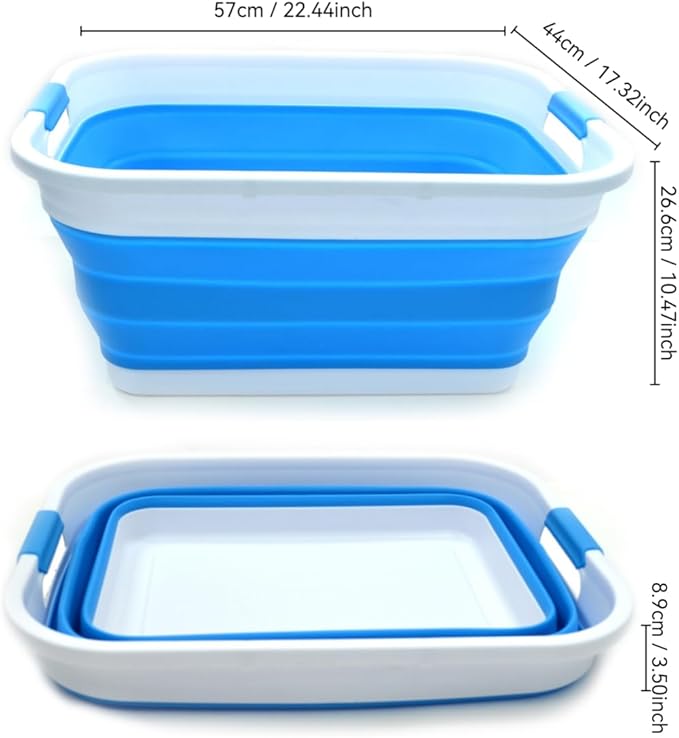 SAMMART Set of 2-41L(10.8 gallon) Collapsible Plastic Laundry Basket-Pop Up Storage Container-Portable Washing Tub-Space Saving Hamper/Basket, Water capacity:32L(8.4 gallon) (2 rectangular, Sky Blue)