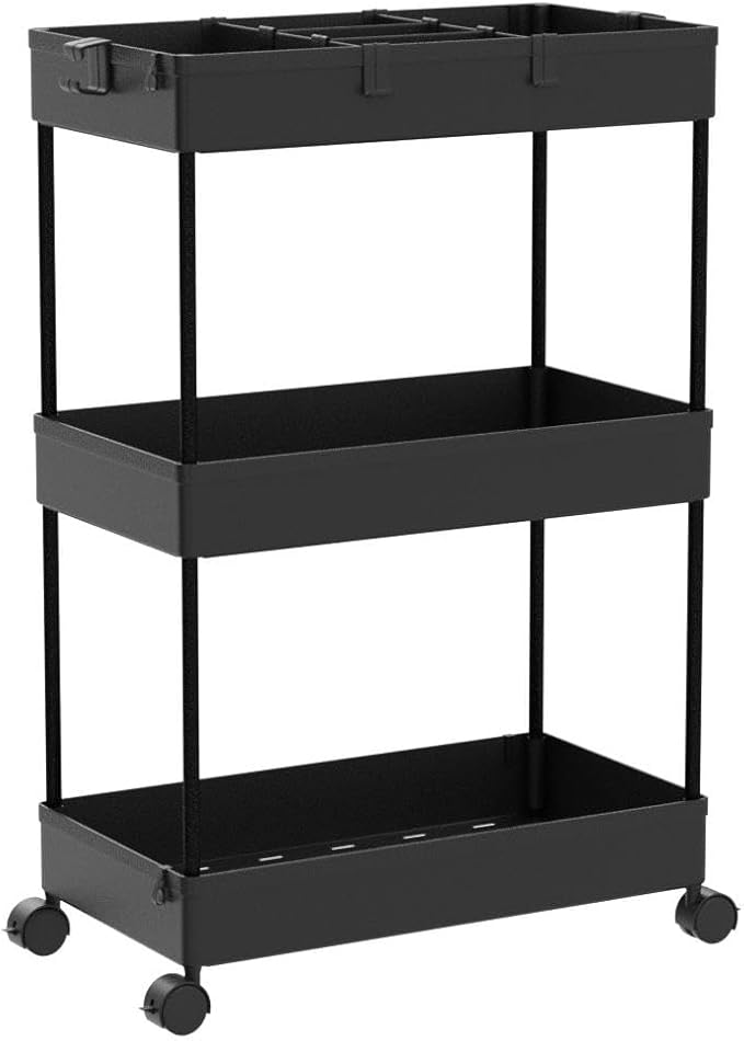 SPACELEAD 3 Tier Rolling Cart with Wheels, Storage Craft Art Trolley Organizer Serving, 3 Hanging Baskets Easy Assembly, for Office, Bathroom，Living Room, Kitchen, Black