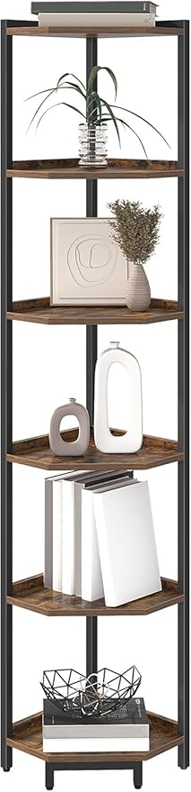 Corner Shelf Stand, Corner Bookshelf, Storage Standing Shelf Unit with Metal Frame, Plant Stand, Bookcase for Living Room, Home Office, Bedroom, 6-Tier Rustic Brown CS06001B
