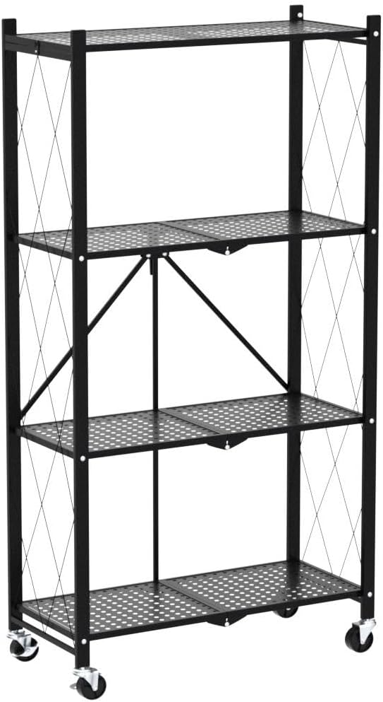 HealSmart 4-Tier Heavy Duty Foldable Metal Rack Storage Shelving Unit with Wheels Moving Easily Organizer Shelves Great for Garage Kitchen Holds up to 1000 lbs Capacity, Black,2 Pack