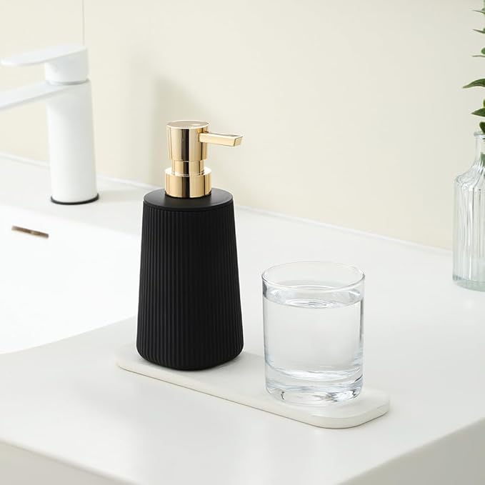 Small Soap Dispenser for Bathroom and Kitchen, Modern Farmhouse Striped Style Plastic Hand Soap Dish Soap Dispenser with Pump Matte Black and Gold