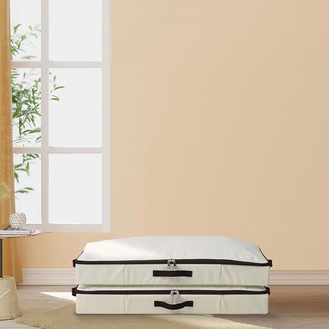 iwill CREATE PRO 2Pcs Under-Bed Storage Bins with Sturdy Handles, Toy Storage Organizers, Clothes Storage, Rigid Folding Under Sofa Storage for Clothing, Quilts, Wrapping Paper (Beige, 29.5*15*4")