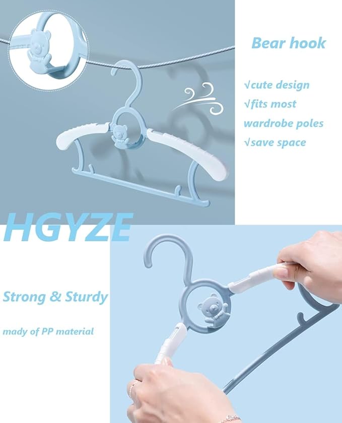 HGYZE Kid Hangers for Closet 50pcs, Blue Infant Clothes Hanger 11-14" Adjustable Plastic Baby Coat Perchas with Bear Hook, Non-Slip Children Outfit Hangars for Boy Toddler Newborn Teen Clothing