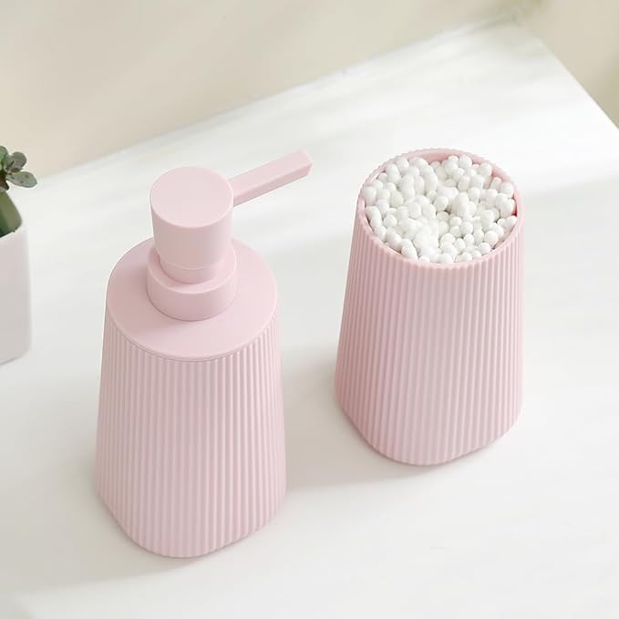 Bathroom Accessories 2 Piece Soap Dispenser and Toothbrush Holder Set Striped Pink