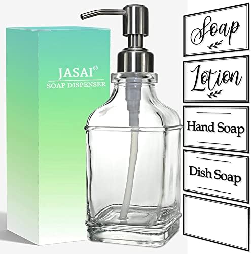 JASAI Antique Design Soap Dispenser with Rust Proof 304 Stainless Steel Pump, Refillable Glass Soap Dispenser with 10Pcs Clear Stickers, Premium Kitchen & Bathroom Soap Dispenser