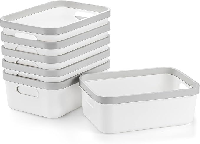 Elsjoy Set of 6 Plastic Storage Bin, 10"x 7"x 4" Classroom Storage Basket Cabinet Storage Bin with Handle, White Shelf Organizer Bins for Bathroom, Office, School