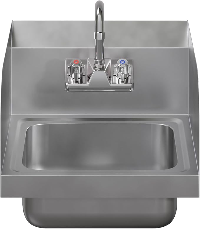15 in. x 15 3/4 in. NSF Certified Stainless Steel Hand Sink with Side Splash Guards- Commercial Wall Mount Hand Basin with Faucet. Ideal for Restaurants, Bars, Kitchens, and Stores