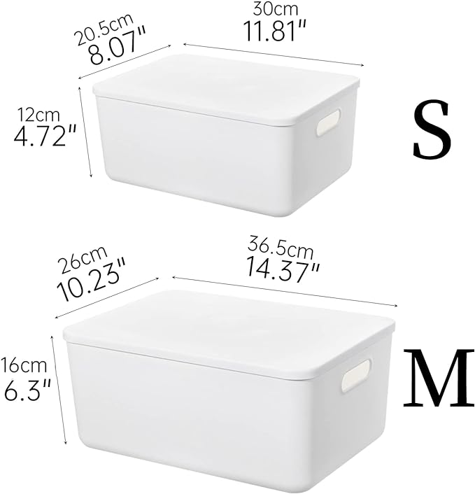 Plastic Storage Baskets Bins Boxes With Lids,Organizing Container White Storage Organizer Bins For Shelves Drawers Desktop Playroom Classroom Office,6-Pack(4M+2S)