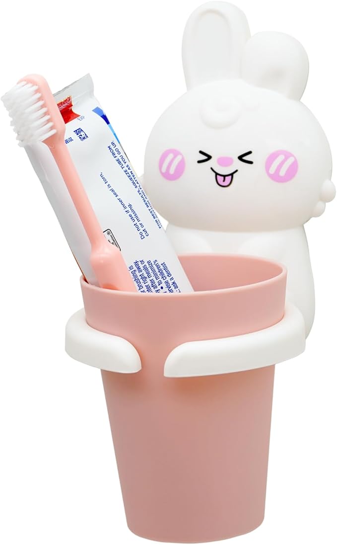 Cute Kids Toothbrush Holder with Cup & Toothpaste Wall Mounted, Adhesive Bathroom Organizer - Kids Bathroom Decor Accessories, Animal Toothbrush Holders for Kids - White Rabbit