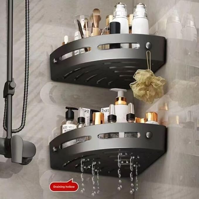 Corner Shower Caddy, Black Wall Mounted Bathroom Storage Rack, Plastic Organizer Shelf with Drainage Holes, 2 Pack, for Kitchen, Bathroom, no Cracking (Smooth Tile only no Textured Tile)