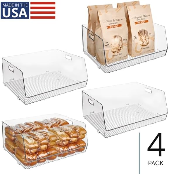 iDesign Stackable Open-Front Storage Bin, Extra Long Organizer for Kitchen or Pantry, 4-Pack, Clear