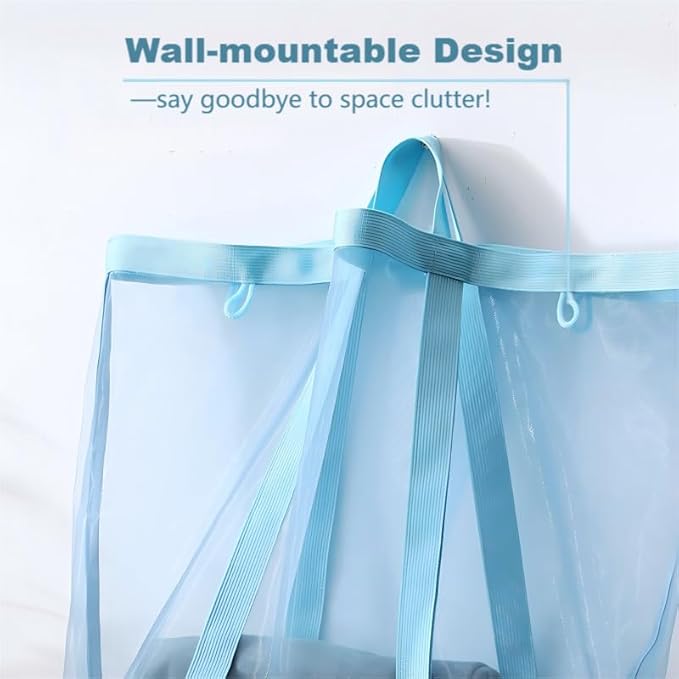 Mesh Bag with Handles, Collapsible Laundry Basket, Foldable Laundry Bag, Breathable Folding Beach Bag,Space-saving Travel Tote Bags (1, Blue)