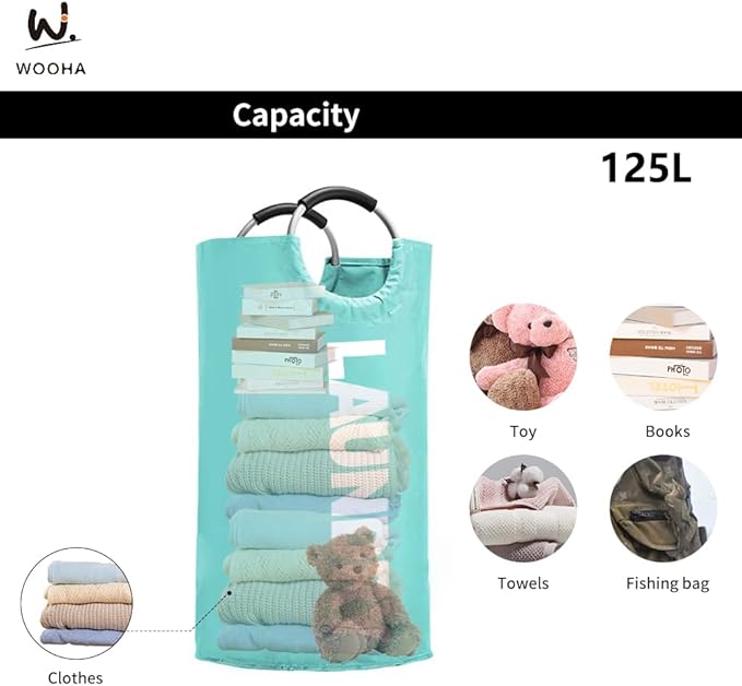 WOOHA 125L Large laundry basket,Collapsible laundry hamper, Tall Clothes Baskets Folding Washing Bin Foldable Fabric Hamper Bags for Bedroom, Closet,Bathroom,College,laundry bag,lightblue