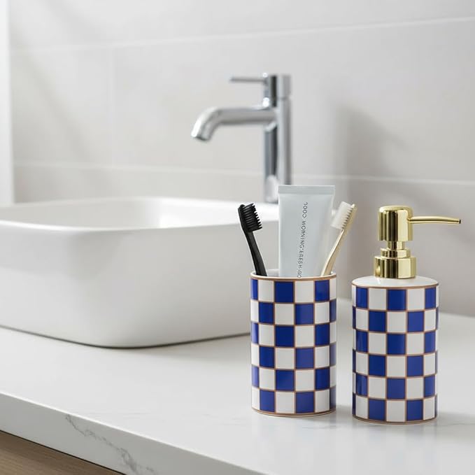 Bathroom Toothbrush Holder Set, Ceramic Checkered Soap Dispenser and Tooth Brush Holder Set, Modern Bathroom Accessories Sets Countertop, Black and White Checkered Bathroom Decor Set (Blue)