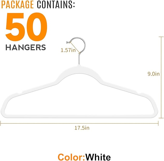 TIMMY 50 Plastic Hangers 17.7 Inch Non-Slip, Space Saving Closet Organizers, Heavy Duty Slim Hangers for Pants, Shirts, Coats (White, Ultra Thin & Durable)