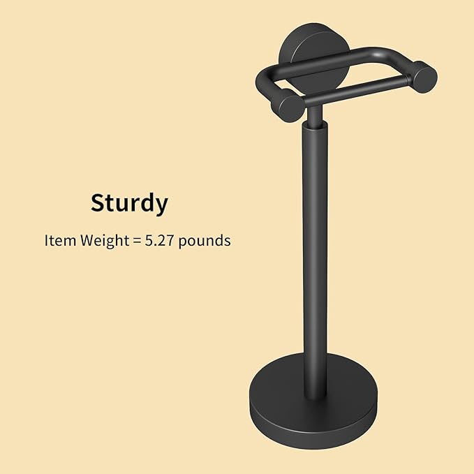 YUMORE Toilet Paper Holder Stand,Modern Freestanding Matte Black Bathroom Floor Standing Toilet Paper Roll Holder,Stainless Steel Round Weighted Base Bath Tissue Holder