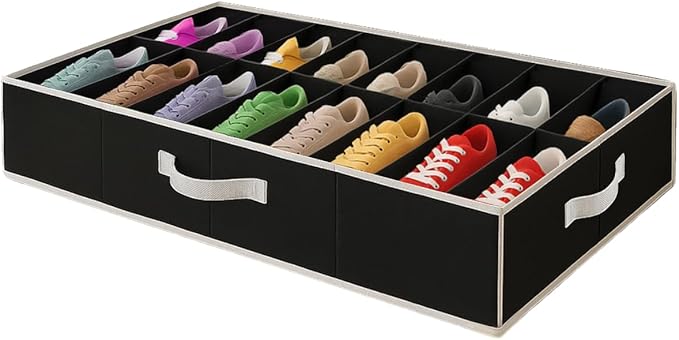 HOLDN' STORAGE Extra-Large Under Bed Shoe Storage Organizer - Underbed Storage Solution Fits Men's and Women's Shoes, High Heels, and Sneakers with Durable Vinyl Cover & Extra-Strong Zipper - Black