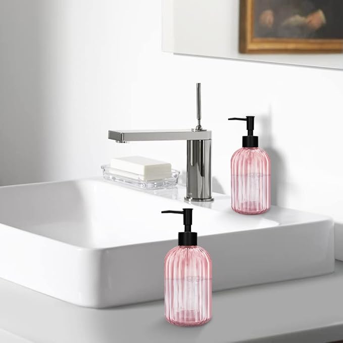 Pack of 2 Glass Soap Dispenser with Black Pump, 400 ml Refillable Pump Dispenser for Kitchen, Bathroom, Laundry Room, Liquid Glass Bottle for Washing Up Liquid, Shampoo, Conditioner (Pink)