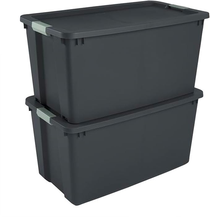 Sterilite 4 Pack 45 Gallon Wheeled Latch Tote, Stackable Plastic Storage Bin, Gray/Green