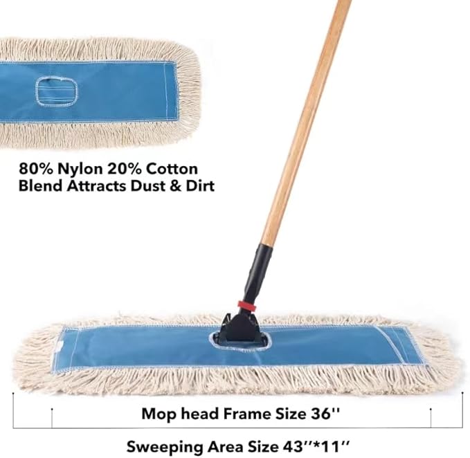 Matthew Cleaning 36'' Industrial Strength Cotton Dust Mop Refill Washable Replacement Heads for Residential & Commercial Use Fit Standard Dust Mop Frames, Hardwood, Concrete Floors Blue&White 1 Pack