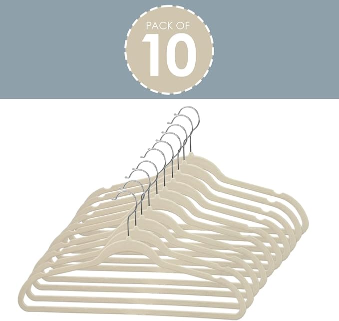 Sunbeam Sunbeam Slip-Proof Snag-Free Ultra Slim Velvet Hanger with Rotating Steel Hook (Pack of 10) (Ivory, 10 Pack)