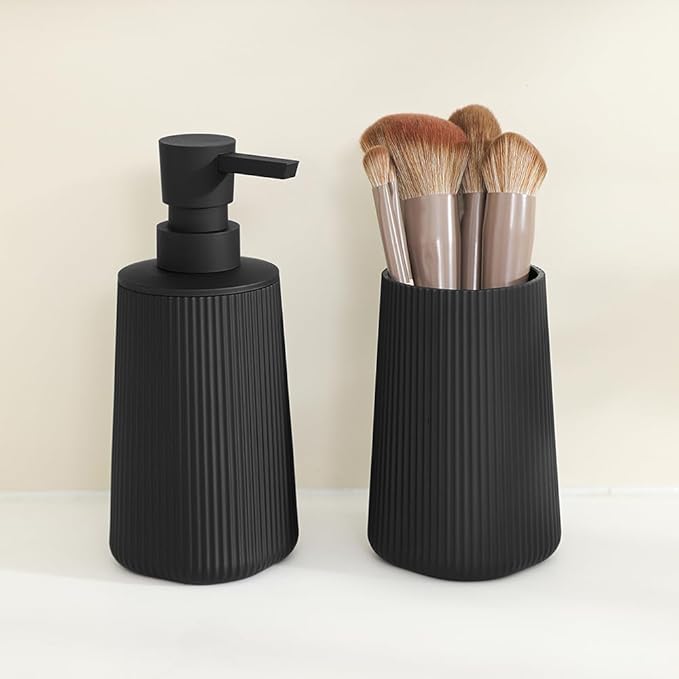 Bathroom Accessories 2 Piece Soap Dispenser and Toothbrush Holder Set Striped Black