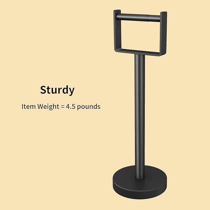 YUMORE Weighted Base Toilet Paper Holder, Stainless Steel Toilet Paper Stand, Free Standing Floor Tissue Roll Holder for Bathroom, Matte Black 200UP