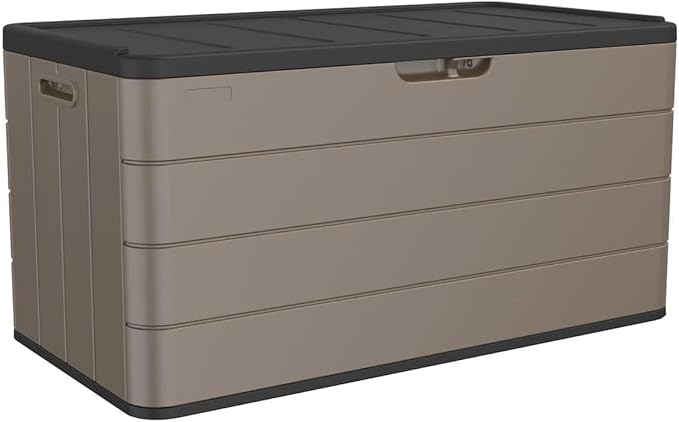Outdoor Storage Box Waterproof, 100 Gallon Plus Lockable Resin Deck Box Large, Patio Storage Bin for Pool Accessories Cushion Furniture, Garden Tools, UV-Resistant Outside Delivery Brown