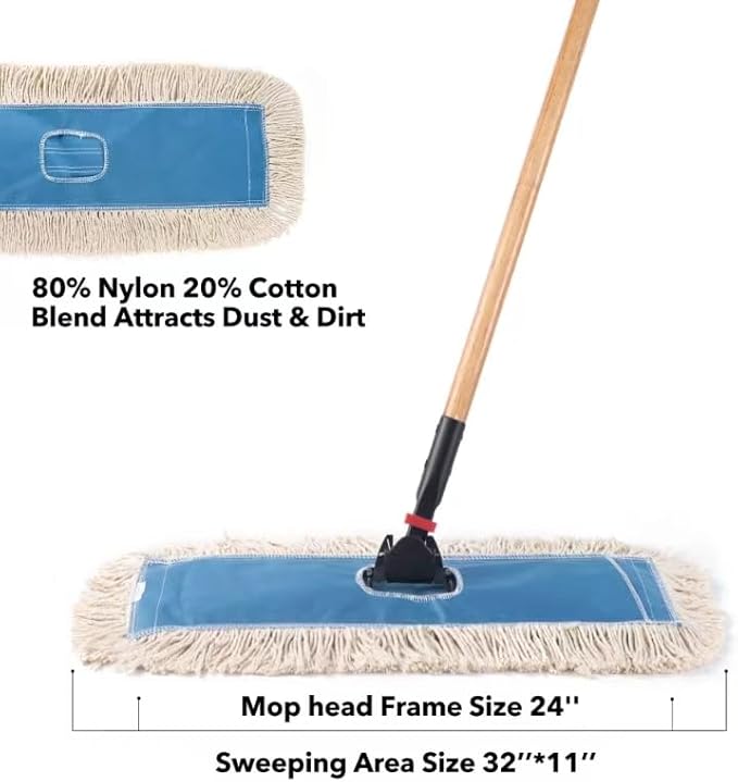 Matthew Cleaning 24'' Industrial Strength Cotton Dust Mop Refill Washable Replacement Heads for Residential & Commercial Use Fit Standard Dust Mop Frames, Hardwood,Concrete Floors Blue&White 1 Pack