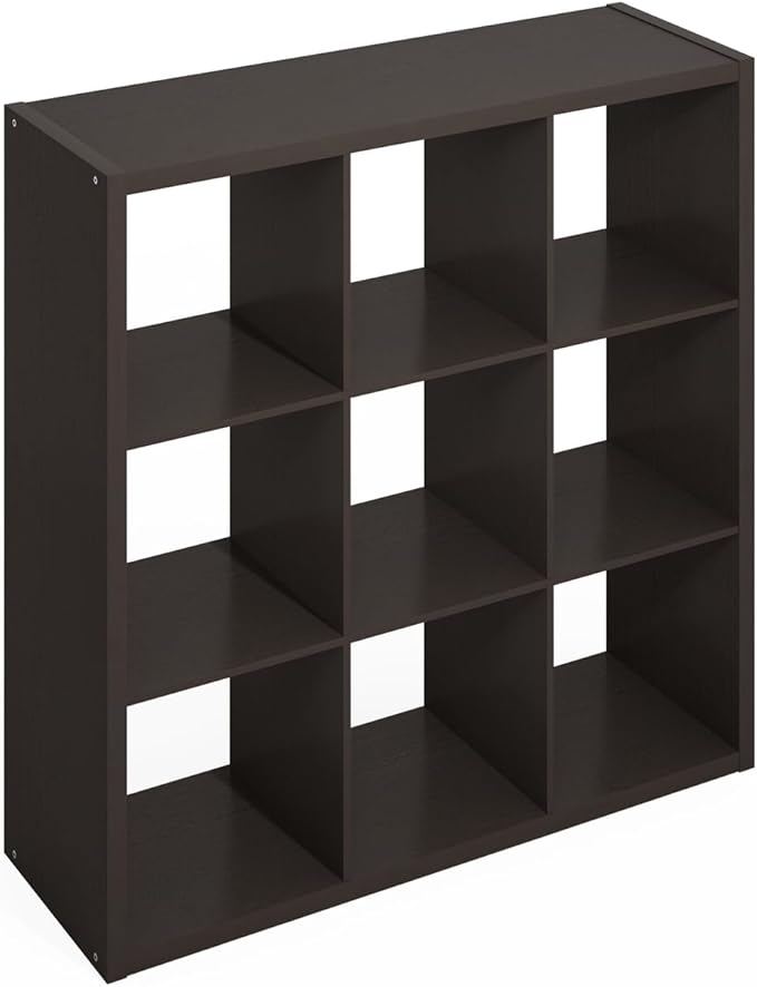 Furinno Simple Cube Storage Organizer, 9-Cube Display Shelf, Open Back Shelving Unit, Storage Shelves, Extra Thick Frame, for Organization and Storage, Living Room, Home Office, Dark Oak