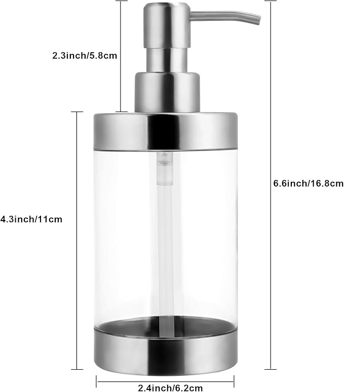 Dish Soap Dispenser Stainless Steel Case Acrylic Liner Hand Pump Dispenser Shatterproof and Leakproof Refillable Liquid Hand Soap Dispenser for Bathroom & Kitchen (10OZ/300ML)