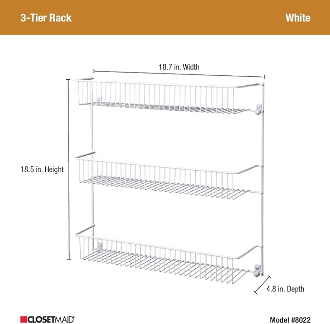 ClosetMaid 3-Tier Hanging Wall Mounted Metal Rack for Spices, Shelf Storage, Pantry Organization, Laundry, Kitchen, Bathroom, White, 8022