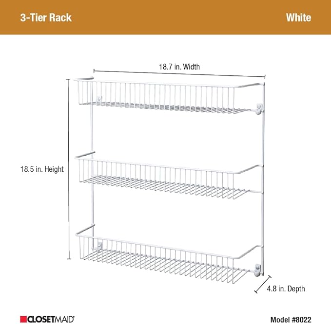 ClosetMaid 3-Tier Hanging Wall Mounted Metal Rack for Spices, Shelf Storage, Pantry Organization, Laundry, Kitchen, Bathroom, White, 8022 (Pack of 2)