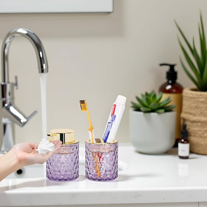 Bathroom Accessories 2 Piece Set Glass Soap Dispenser and Toothbrush Holder, 10oz Foaming Soap Dispenser, Purple Toothbrush and Toothpaste Holder Organizer Cup for Modern Bathroom Decor