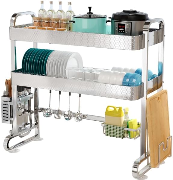 HOWDIA 3-Tier Over The Sink Dish Drying Rack, 304 Stainless Steel Dish Rack with Honeycomb Design, Cutlery Holder & Chopping Board Rack, 33.86” x 11.81” x 33.07” for Maximum Kitchen Storage
