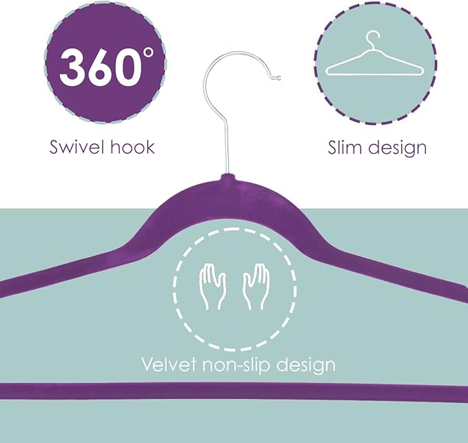 Sunbeam Slip-Proof Snag-Free Ultra Slim Velvet Hanger with Rotating Steel Hook (Pack of 10) (PURPLE)