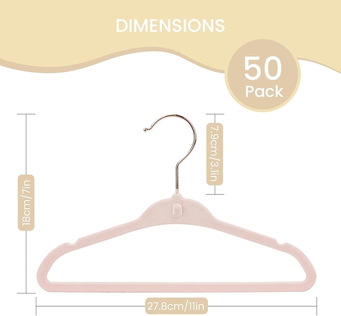 Kids Velvet Hanger 50 Pack, 11 Inch Baby Hangers with 10 Clips, Premium Non-Slip Newborn & Toddler Clothes Hangers with 360° Rose Gold Swivel Hook & Space-Saving Stackable Design, Pink