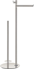 BVL Toilet Paper Holder Stand with Hook, Brushed Nickel Stainless Steel 304 Weighted Toilet Paper Holder Stand, Bathroom Freestanding Toilet Paper Holder Holds 5 Rolls