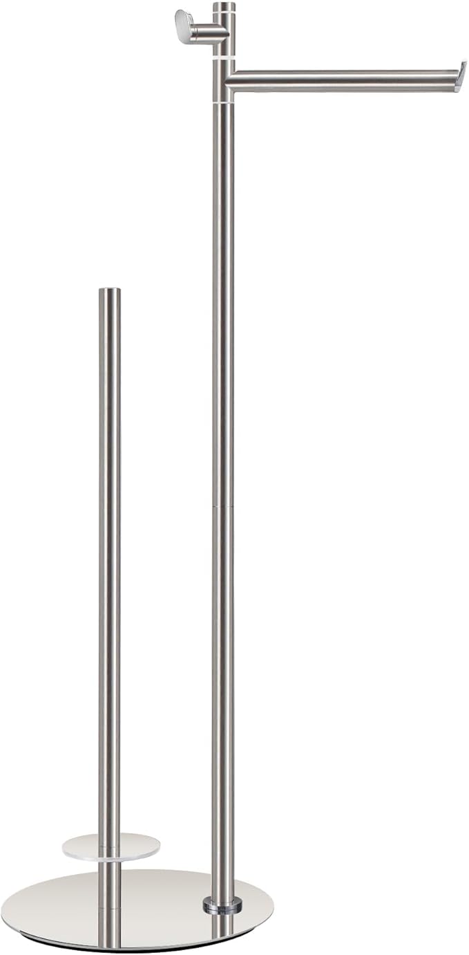 BVL Toilet Paper Holder Stand with Hook, Brushed Nickel Stainless Steel 304 Weighted Toilet Paper Holder Stand, Bathroom Freestanding Toilet Paper Holder Holds 5 Rolls